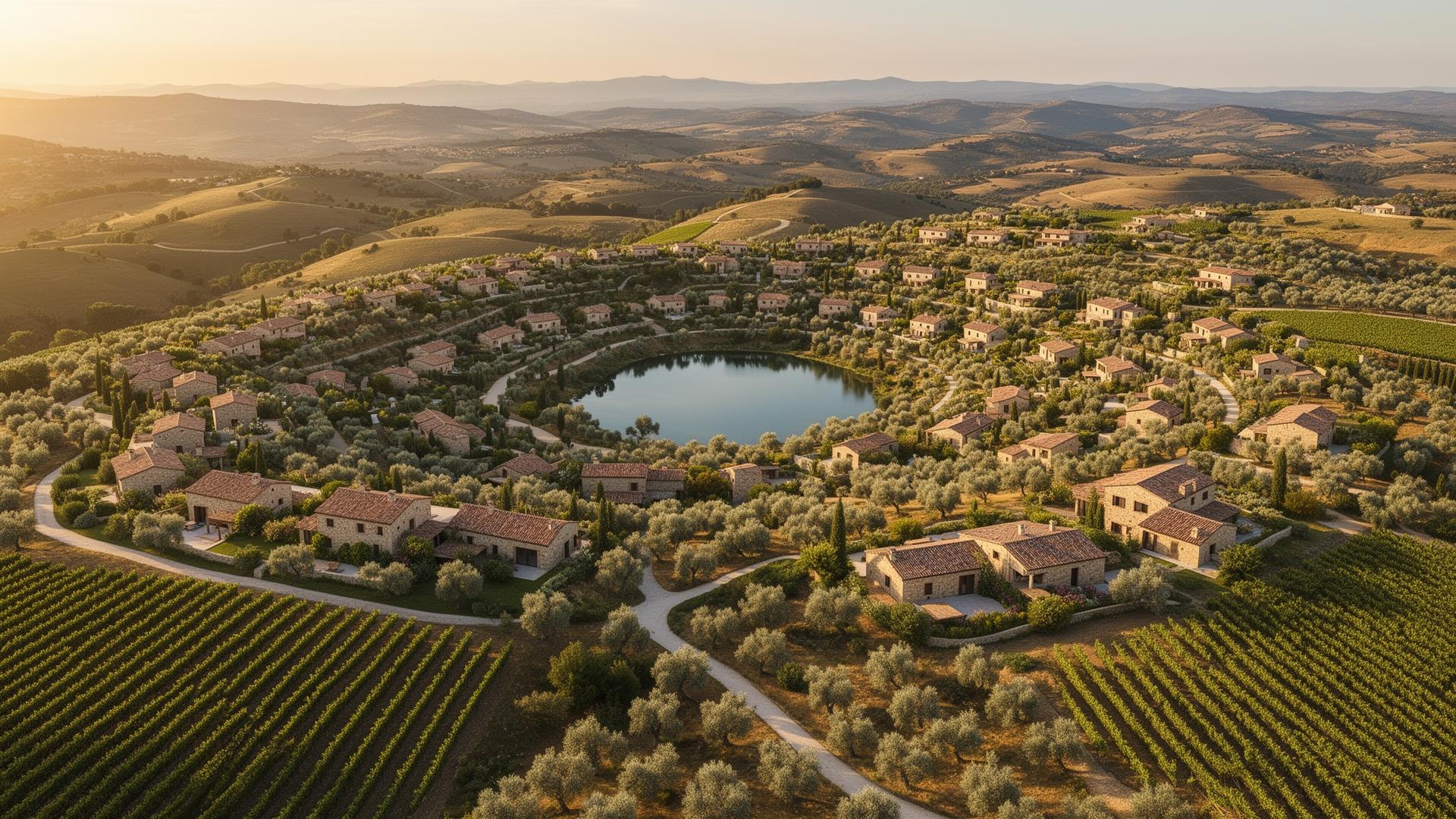 Aerial render of the imagined village