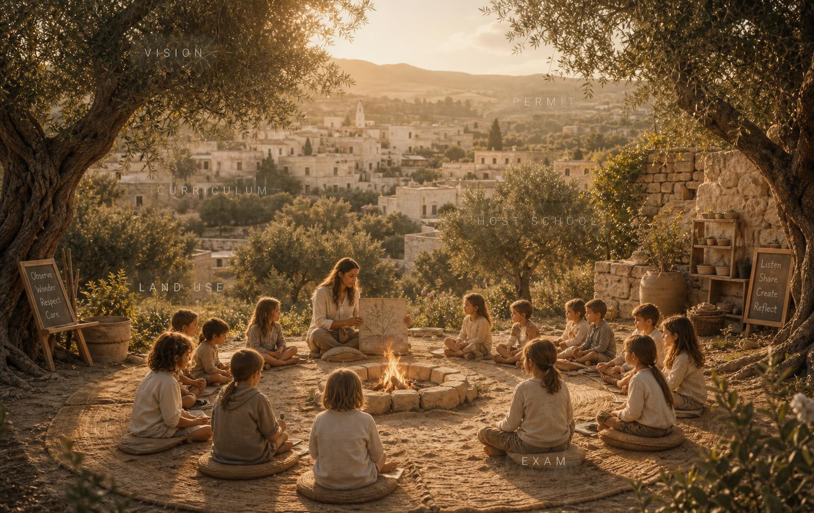 Illustrative forest-school circle of children beneath olive trees with a Mediterranean village behind, annotated with words such as vision, permit and curriculum